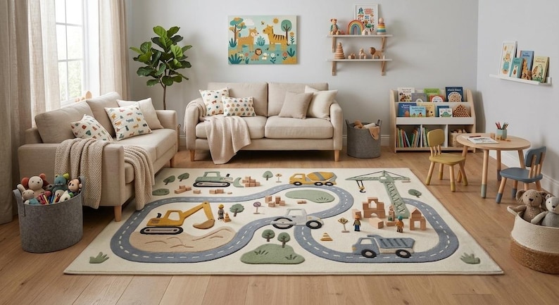 May include: A rectangular area rug featuring a light cream background with a gray winding road pattern, yellow and gray construction vehicles, green hills, and small wooden block structures, designed for a play area with a soft, textured surface.