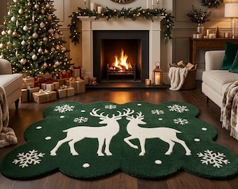 Hand Tufted Wool Rug, Christmas Reindeer Rug, Green Holiday Rug, Winter Deer Rug, Christmas Decor, Festive Living Room Rug
