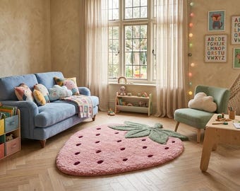 May include: A pink strawberry-shaped area rug with dark red seed details and green leaves, placed in a room with a light blue sofa, a sage green armchair, a wooden play table, a teepee, a bookshelf with colorful bins, and wall art with letters.