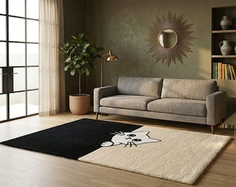 Hand Tufted Wool Cat Rug, Black and White Cat Area Rug, Cute Kitty Rug, Modern Animal Rug, Kids Room Decor, Handmade Wool Rug