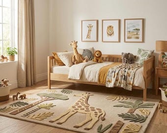 Hand Tufted Wool Rug Safari Giraffe Rug Kids Room Rug Nursery Decor Jungle Animal Rug Handmade Wool Area Rug