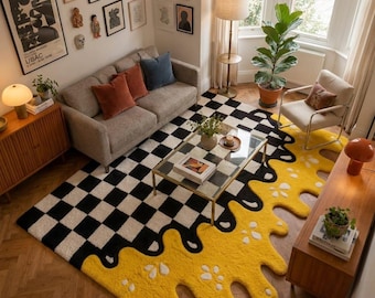 Hand Tufted Wool Rug, Checkerboard Rug, Yellow Abstract Rug, Checkered Area Rug, Funky Wavy Rug, Modern Boho Decor, Handmade Wool Rug