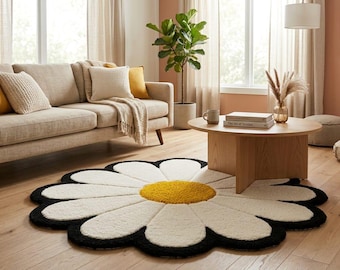 Hand Tufted Wool Flower Rug, Daisy Rug, Floral Area Rug, Black White Yellow Rug, Cute Bedroom Decor, Handmade Flower Rug