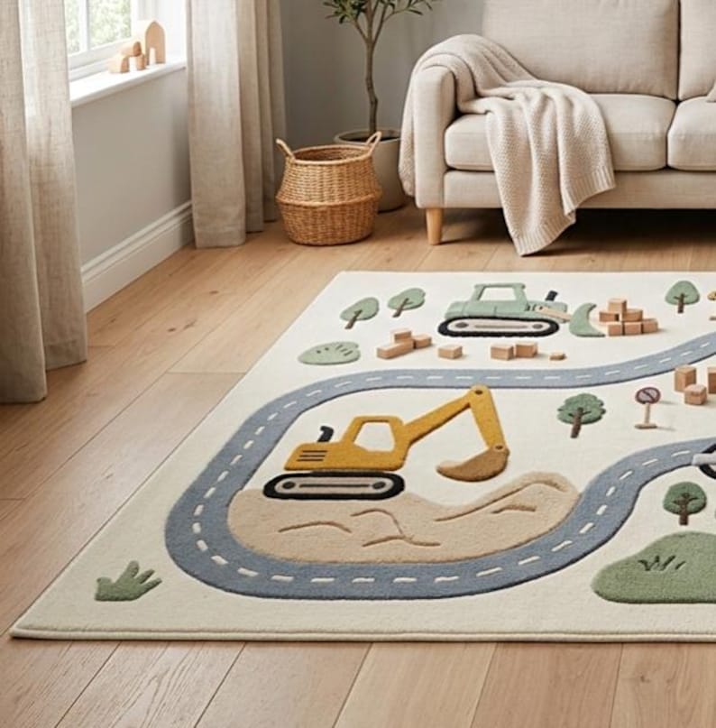 May include: A rectangular area rug featuring a cream-colored background with a construction-themed design. The rug displays a gray winding road, a yellow excavator, a green bulldozer, small green trees, and brown mounds of dirt.