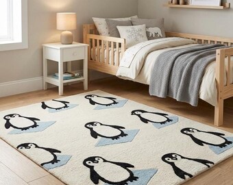 Hand Tufted Wool Penguin Rug, Penguin Area Rug, Cute Animal Rug, Kids Room Decor, Nursery Rug, Winter Decor, Handmade Wool Rug