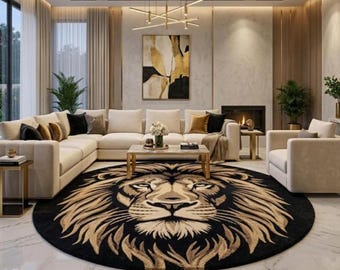 Hand Tufted Wool Rug, Lion Face Round Rug, Black and Gold Area Rug, Handmade Animal Carpet, Luxury Lion Rug, Wildlife Home Decor