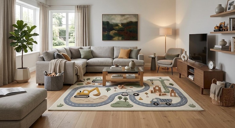 May include: A rectangular area rug featuring a light cream background with a winding gray road pattern, illustrated construction vehicles including a yellow excavator and a gray dump truck, green hills, and small wooden block structures.
