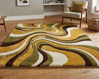 Hand Tufted Wool Rug, Abstract Wavy Rug, Retro Area Rug, Mustard Olive Green Rug, Modern Boho Decor, Handmade Living Room Rug