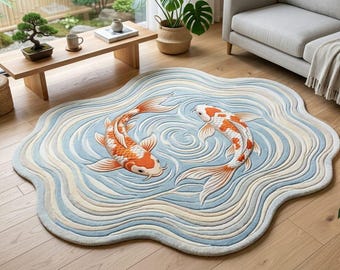 Hand Tufted Wool Koi Fish Rug, Japanese Koi Pond Rug, Wavy Water Rug, Asian Decor, Blue Area Rug, Handmade Living Room Rug