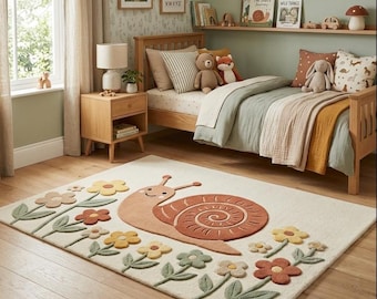 Hand Tufted Wool Snail Rug, Cute Snail Area Rug, Woodland Nursery Rug, Kids Room Decor, Flower Garden Rug, Nature Rug, Handmade Wool Rug