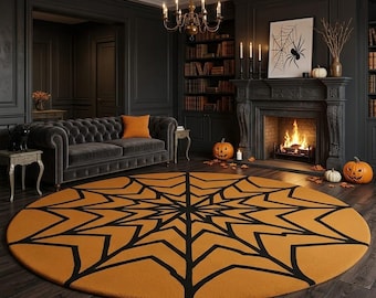 Tapis en laine tufté à la main, tapis toile d'araignée d'Halloween, tapis rond, tapis gothique noir et orange, décoration d'intérieur effrayante, tapis original et unique