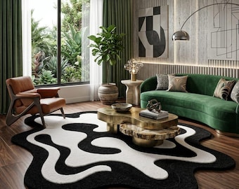 Hand Tufted Wool Rug, Black White Abstract Rug, Modern Irregular Area Rug, Handmade Designer Carpet, Contemporary Living Room Decor