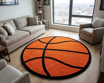 Hand Tufted Basketball Rug, Round Sports Rug, Basketball Area Rug, Orange Black Rug, Game Room Decor, Kids Room Rug, Sports Lover Gift