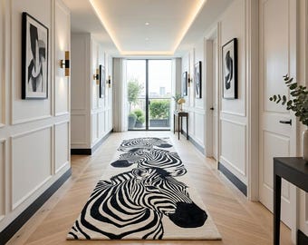 Hand Tufted Wool Zebra Rug, Zebra Runner Rug, Animal Print Runner, Black White Hallway Rug, Safari Decor, Handmade Wool Area Rug