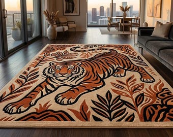 Hand Tufted Wool Tiger Rug, Tiger Area Rug, Animal Print Rug, Jungle Rug, Wildcat Rug, Boho Home Decor, Handmade Living Room Rug