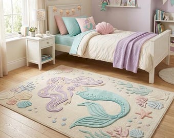 Hand Tufted Wool Rug, Mermaid Rug, Ocean Theme Kids Rug, Under the Sea Nursery Rug, Pastel Mermaid Area Rug, Handmade Wool Carpet