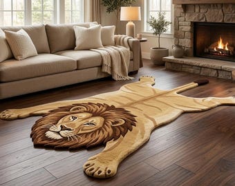 Hand Tufted Wool Rug, Lion Shaped Rug, Animal Print Area Rug, Handmade Lion Carpet, Safari Nursery Rug, Wildlife Room Decor