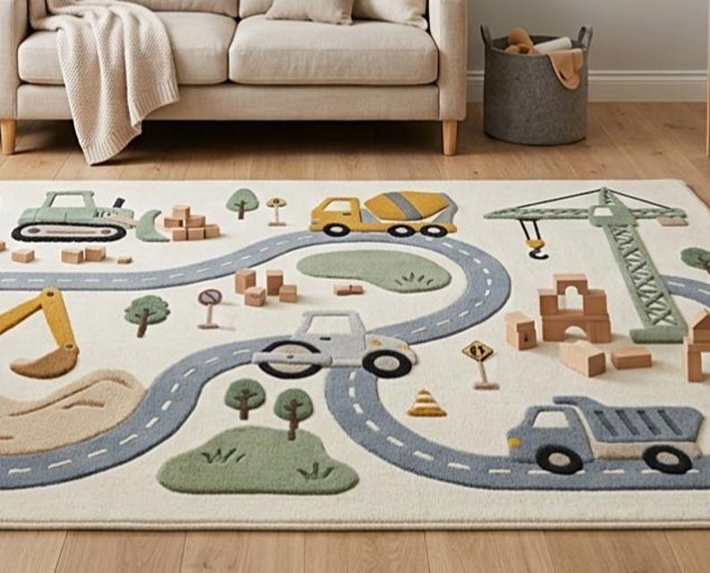 May include: A rectangular area rug featuring a construction site theme with a winding gray road, a yellow cement mixer, a green bulldozer, a gray steamroller, a blue dump truck, a green crane, small trees, traffic signs, and wooden blocks.