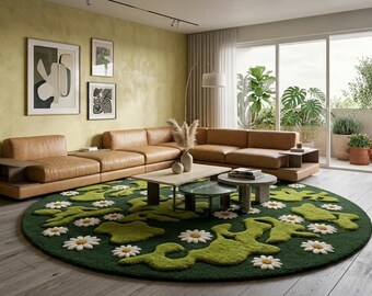 Hand Tufted Wool Rug, Green Moss Rug, Daisy Flower Area Rug, Round Nature Rug, Handmade Floral Carpet, Botanical Home Decor