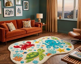 Hand Tufted Wool Ocean Rug, Sea Life Area Rug, Octopus Turtle Crab Rug, Underwater Nursery Decor, Kids Room Rug, Handmade Wool Rug