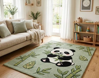 Hand Tufted Wool Rug, Panda Rug, Bamboo Rug, Cute Animal Rug, Kids Room Rug, Nursery Decor, Playroom Rug, Nature Inspired Area Rug