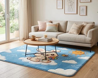 Cute Bunny Nursery Rug, Kids Room Area Rug, Blue Cloud Tufted Carpet, Handmade Baby Room Rug, Playroom Floor Decor