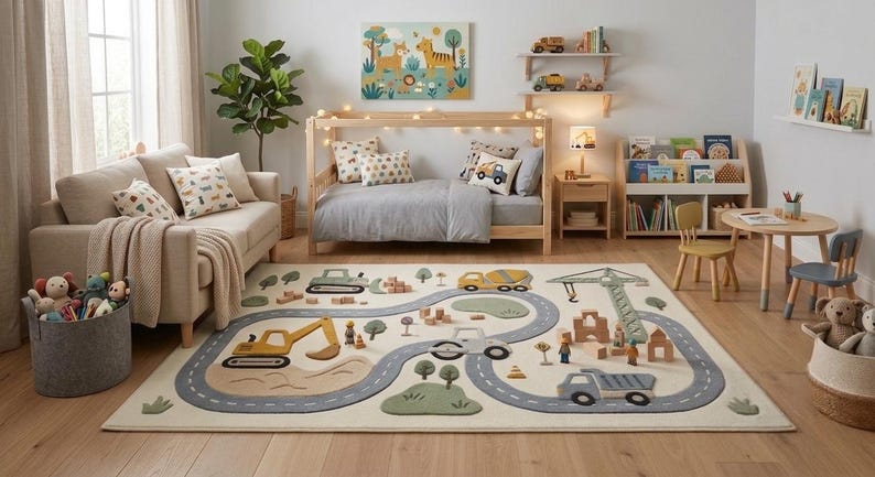 May include: A rectangular area rug featuring a light cream background with a gray winding road pattern, yellow construction vehicles, green trees, and small wooden figures, placed in a room with a sofa, bed, and children's furniture.