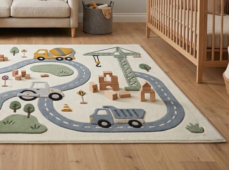 May include: A rectangular area rug featuring a construction site theme with a light cream background. The design includes a winding gray road, a yellow cement mixer, a blue dump truck, a green crane, and various wooden block structures.