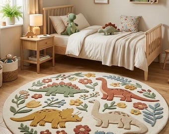 Hand Tufted Wool Rug Dinosaur Rug Kids Room Rug Dino Nursery Decor Handmade Wool Rug Prehistoric Animal Playroom Area Rug