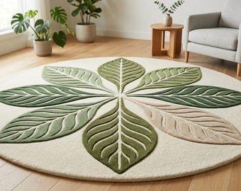 Hand Tufted Wool Leaf Rug, Botanical Area Rug, Green Nature Rug, Organic Modern Rug, Plant Decor, Bedroom Rug, Handmade Wool Rug