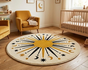 Hand Tufted Wool Rug, Round Nursery Rug, Sun Moon Star Rug, Celestial Kids Room Rug, Boho Baby Room Decor, Handmade Area Rug