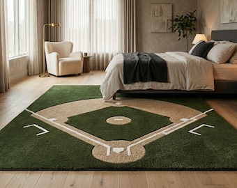 Hand Tufted Wool Baseball Rug, Baseball Field Rug, Sports Area Rug, Green Bedroom Rug, Game Room Decor, Handmade Wool Rug