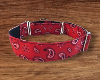 Red Paisley Bandana Martingale Dog Collar – Wide Adjustable Collar