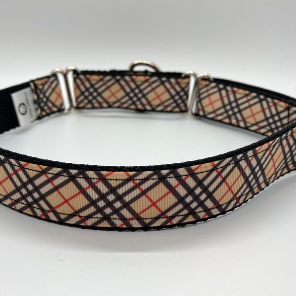 1 1/2" Tan Plaid Martingale Dog Collar- Adjustable Dog Collar- Novelty Dog Collar- Wide Martingale