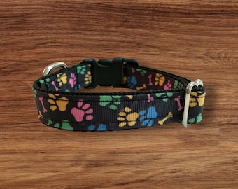 Bright Paw Prints and Bones Custom Small Dog Collar-Novelty Dog Collar