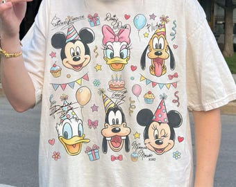 Watercolor Mickey & Friends Signature Birthday Shirt, Disney Mickey Minnie Donald Pluto Birthday Present Gift Tee, Disneyland Family Trip