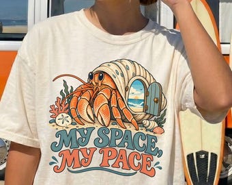 Hermit Crab Comfort Colors® T-shirt, My Space My Pace Ocean Graphic, Retro Coastal Tee