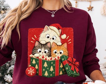 Christmas Kittens Sweatshirt, Cute Cat Gift Box Santa Hat Crewneck, Retro Holiday Cat Lover Gift, Cat Mom Xmas Sweater