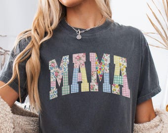 Comfort Colors Faux Quilted Patchwork Mama Shirt Vintage Floral Mama Tee Pastel Gingham Mom Shirt Mothers Day Gift For Mom Spring Mama Tee