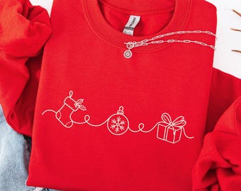 Christmas Line Art Sweatshirt, Minimalist Stocking Ornament Gift Crewneck, One Line Holiday Sweater, Xmas Family Gift