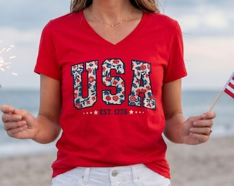 Floral USA Est 1776 V Neck Shirt, 4th of July V Neck, Independence Day, Memorial Day shirt, Patriotic Women V Neck, Floral Patriotic