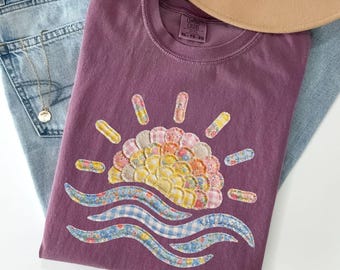 Floral Boho Sun And Waves Faux Patchwork Shirt, Sun Tee, Vintage Style Sun T-Shirt, Retro Sunshine Top, Coastal Wave Shirt, Summer Beach Tee