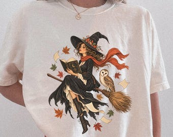 Comfort Colors® Halloween Book Lover Shirt, Witch Shirt, Autumn Spellbook Tee with Owl and Broom