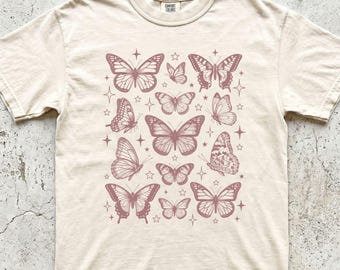 Pink Butterfly Vintage 90s T Shirt, Retro Fairycore Y2k Sketch Tee, Whimsical Cottagecore Sparkle Nature Top, Boho Spring Garden Lover Gift
