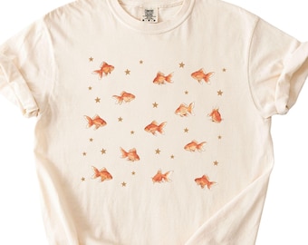 Goldfish Star Watercolor Graphic T Shirt, Whimsical Cottagecore Nature Tee, Cream Comfort Colors Fish Top, Celestial Aquatic Print Tshirt