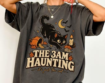 The 3AM Haunting Comfort Colors® T-Shirt, Retro Black Cat Halloween Graphic Tee