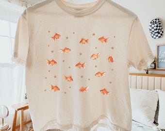 Goldfish Star Watercolor Graphic Boxy Tee, Whimsical Cottagecore Nature Tee, Cropped Comfort Colors Fish Top, Celestial Aquatic Print Tshirt