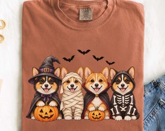 Halloween Corgi Comfort Colors® Shirt with Witch, Mummy, Vampire and Skeleton Dogs
