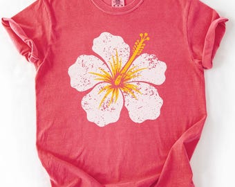 Hibiscus Shirt, Gift for Women, Retro Floral Graphic Tee, Flower Print Comfort Colors® T-Shirt