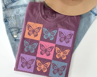 Comfort Colors® Checkered Butterfly Shirt, Retro Checkered Spring Shirts for Women, Boho Butterfly T Shirt, Easter Shirt, Trendy Oversized